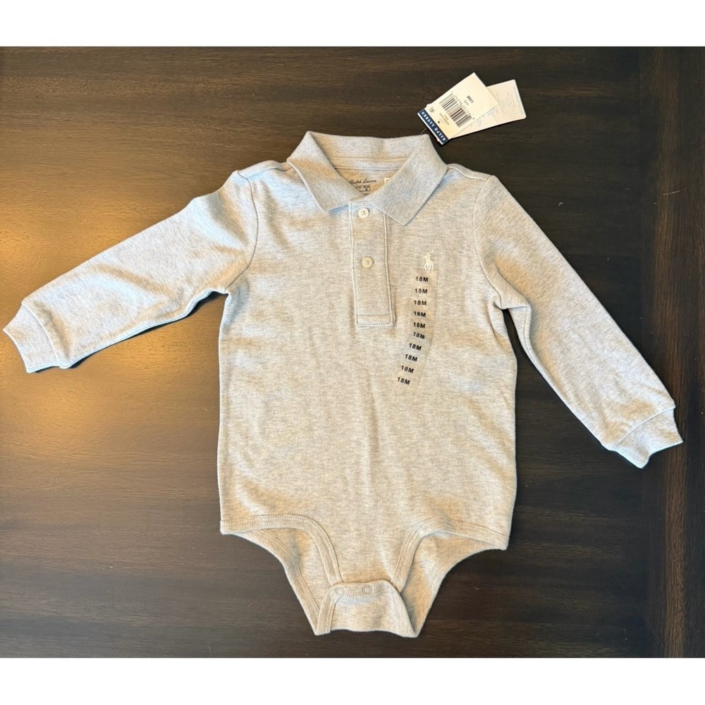 Ralph Lauren Soft Cotton Long-Sleeve Polo Bodysuit Gray NWT 18 Mo. Baby